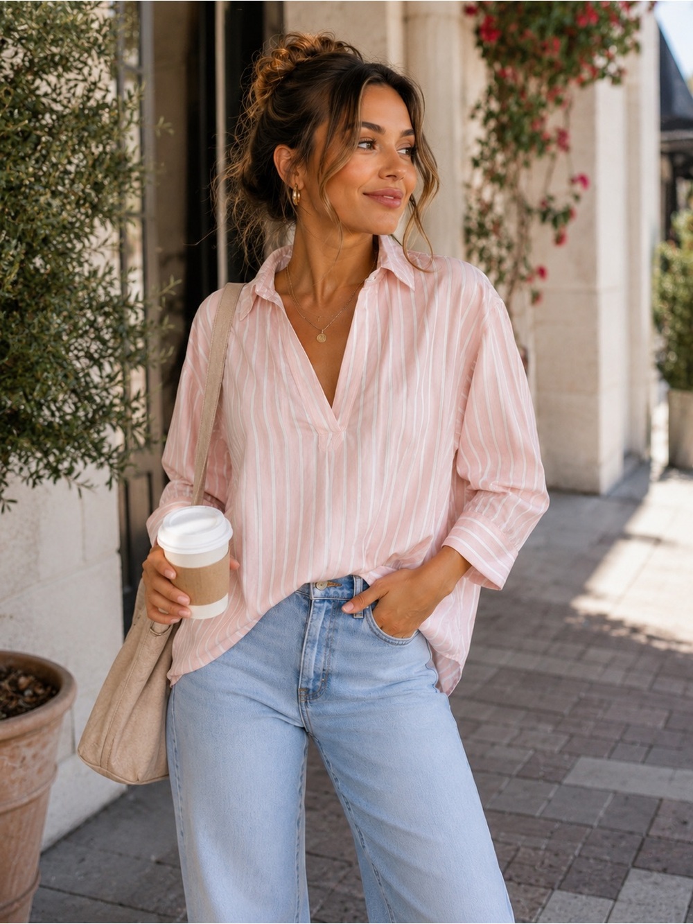 Divided Light Pink & White Striped Button-Down Blouse. (B2)